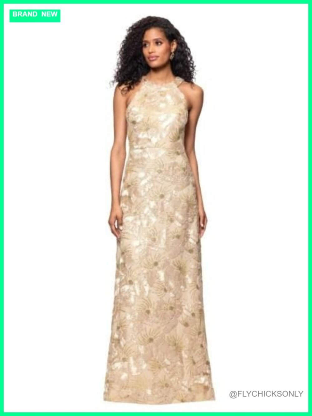 Soutache Lace Sequin Halter Floor Length Evening Gown Dress